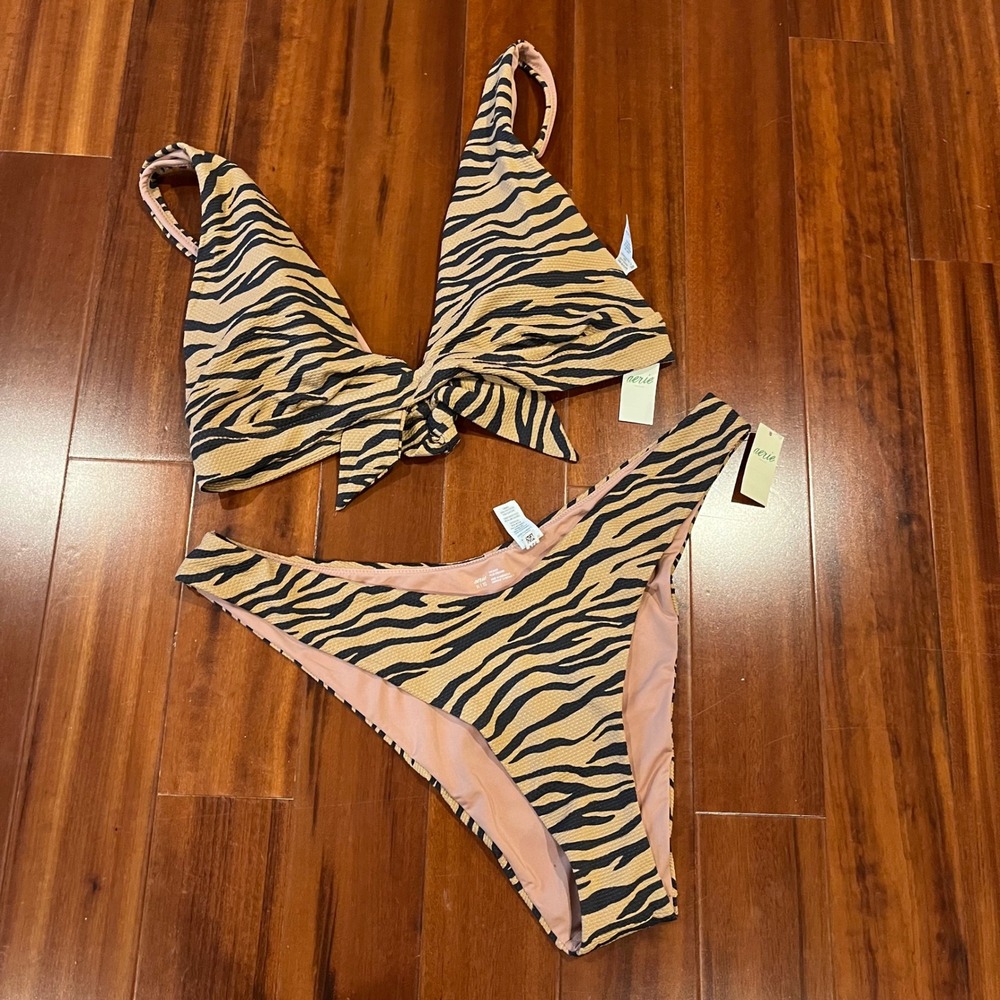 Aerie Bikini Swim Set Tiger Animal Print Beige 2 Piece Cheekier Triangle New XL